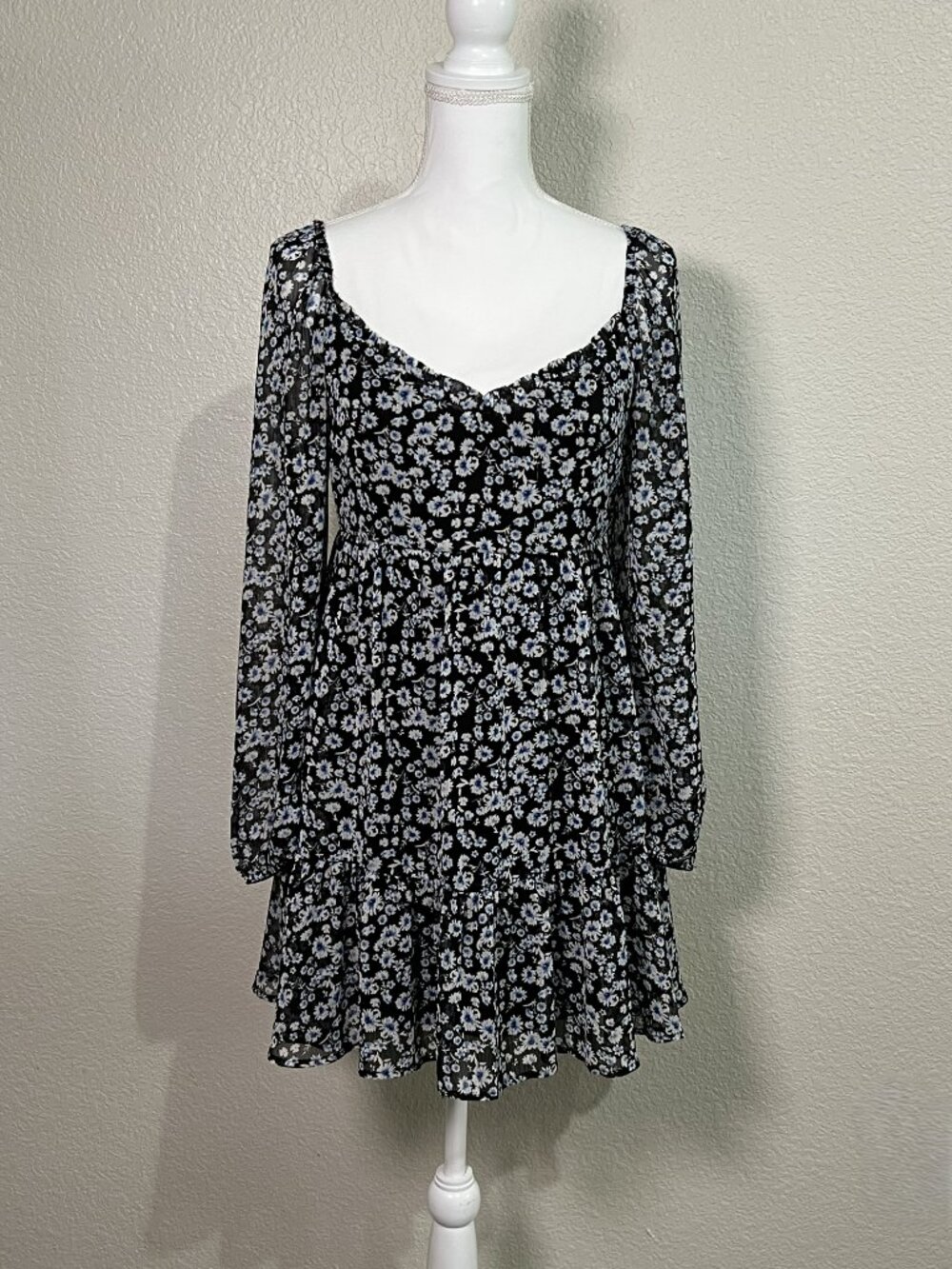ALTAR'D STATE ‘Maggie’ Dress Black Blue Floral Mini Babydoll Boho Skater Sz Med